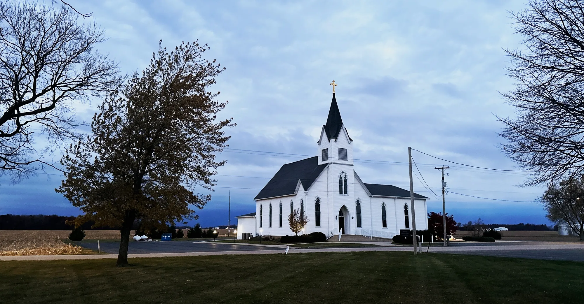 Immanuel Lutheran Church exterior in winter, seen from the road